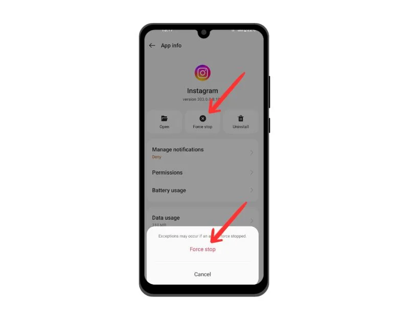 Instagram android「強制停止」