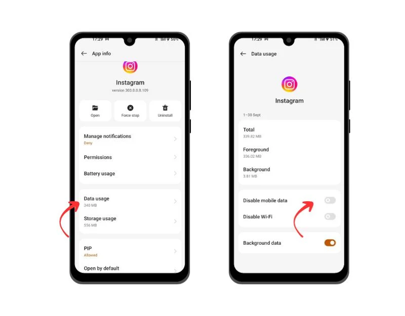 Instagramアプリへのモバイルデータの有効化（Android）