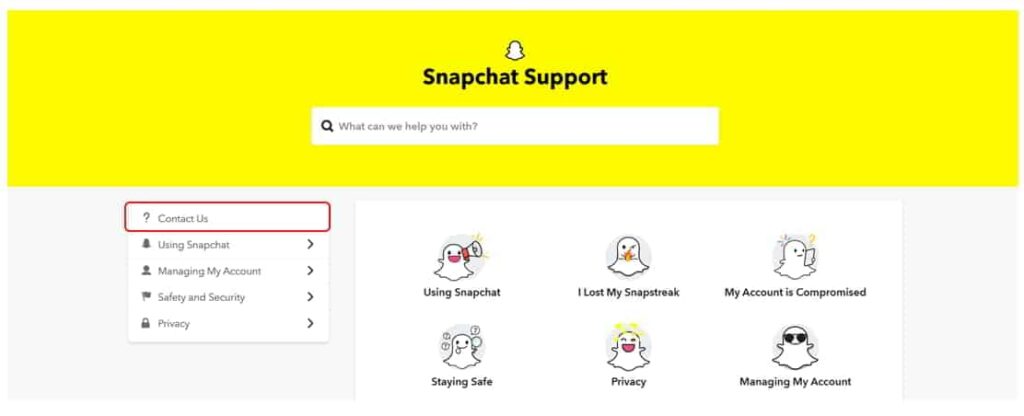 Snapchat「お問い合わせ」を押す